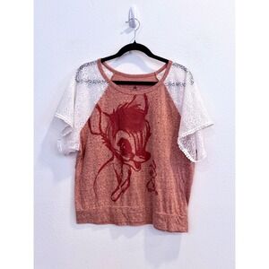Disney Parks Bambi & Thumper Lace Sleeve Graphic Top Women's Large Red Heather
